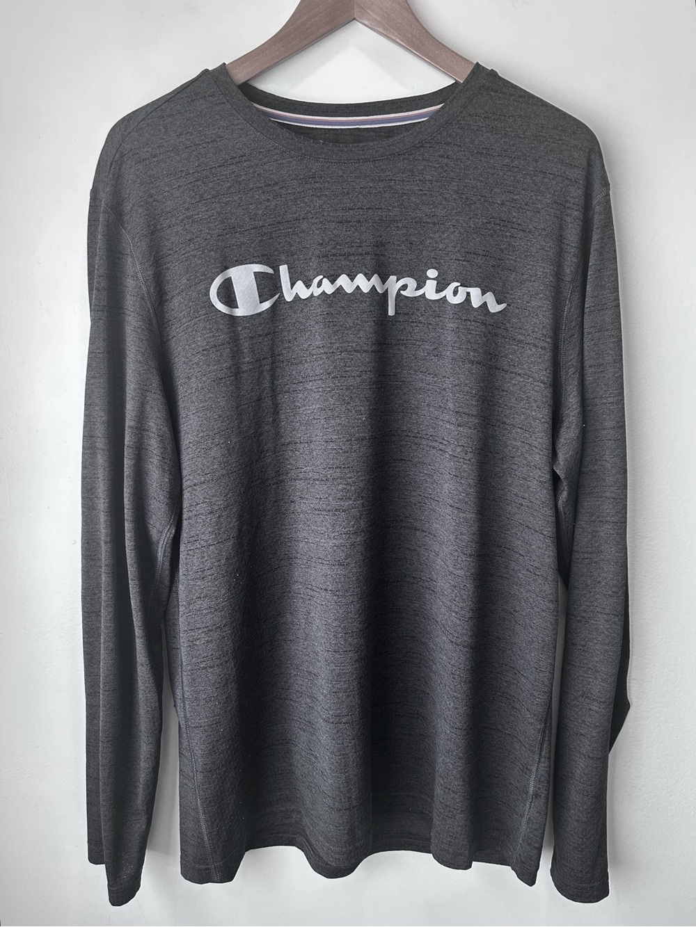 Champion Long Sleeve Tee in Charcoal Gray with White Logo